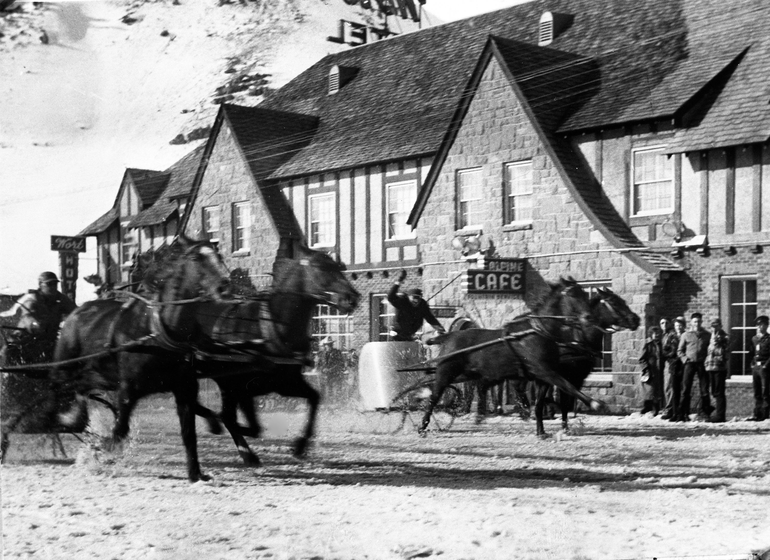 Historical Image of Cutter Races on Broadway in front of The Wort Hotel, a member of Historic Hotels of America since 2002, located in Jackson Hole, Wyoming